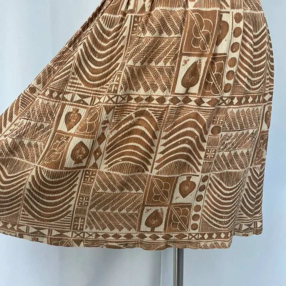 Vintage A Line Mini Skirt Small Brown Tan Tribal Boho Lagenlook Pleated Skater